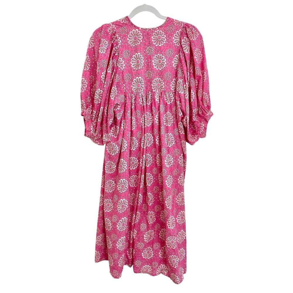 MILLE Resort Saffron Pink Daisy Print Cotton Puff Sleeve Midi Dress Tuckernuck - Picture 9 of 12